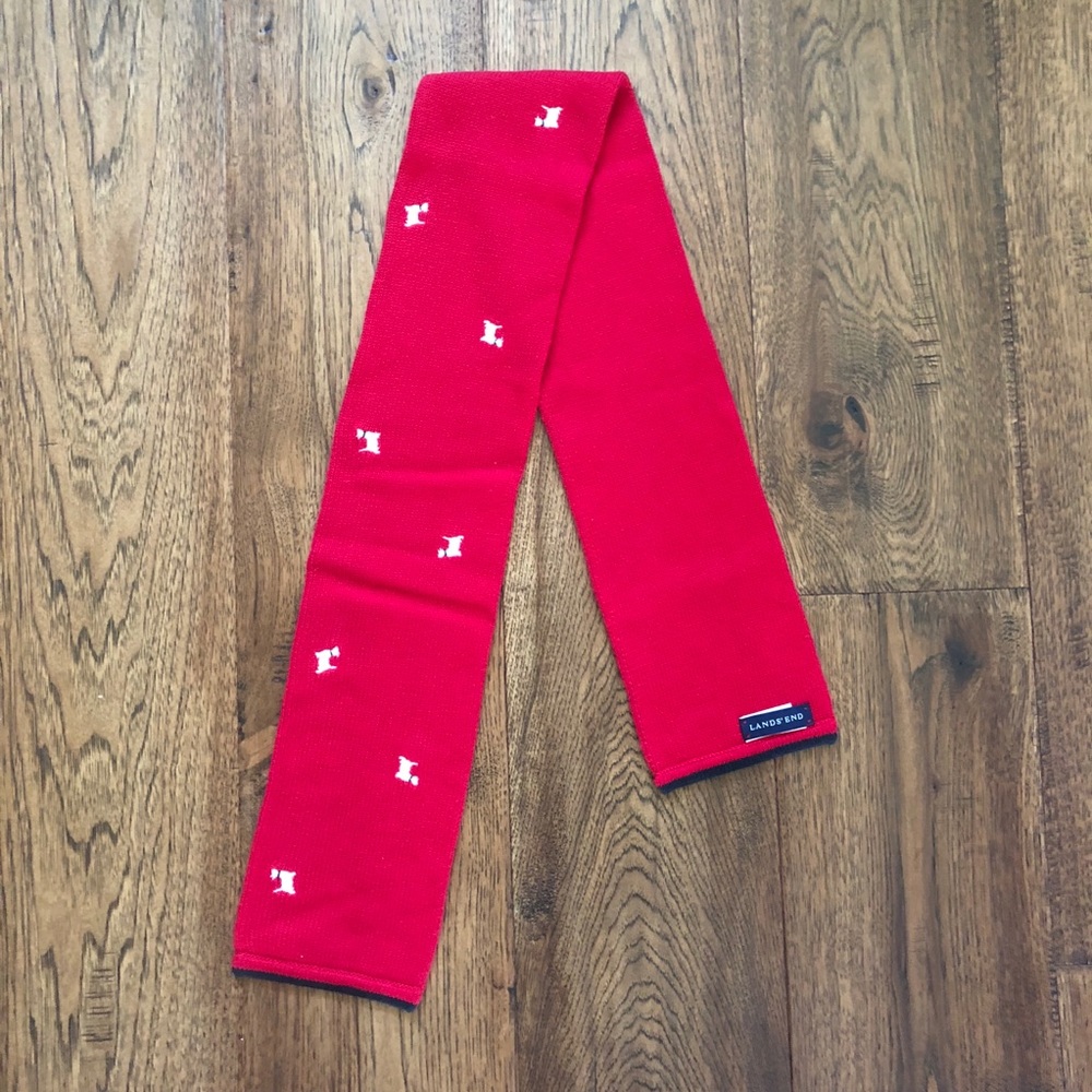 Lands’ End Red Tight Knit Scarf w/Embroidered Dogs